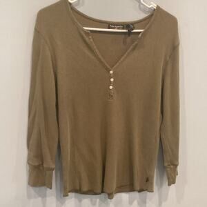 Polo Ralph Lauren Womens Thermal Henley L Large Y2K 90s Green Khaki Outdoor Boho